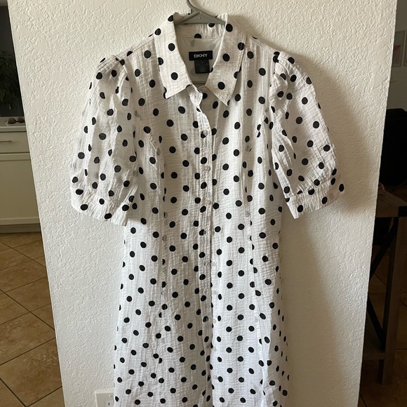 DKNY Womens White Fitted Button Front Lined Polka Dot Elbow Sleeve - Picture 4 of 5